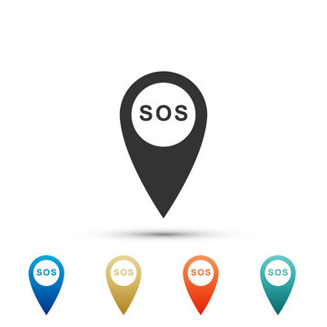 Marker location with SOS icon isolated on white background. SOS call location marker. Map pointer sign. SOS pinpoint sign with text. Set elements in colored icons. Flat design. Vector Illustration