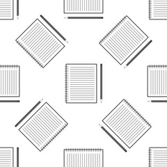 Blank notebook and pencil with eraser icon seamless pattern on white background. Flat design. Vector Illustration