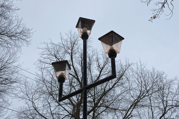 black pole with three lamps lanterns on a background of gray branches and the sky