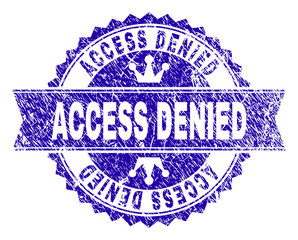 Obraz premium ACCESS DENIED rosette stamp watermark with distress style. Designed with round rosette, ribbon and small crowns. Blue vector rubber print of ACCESS DENIED title with dirty style.
