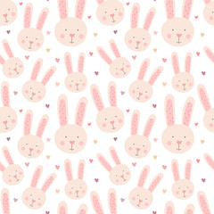 Seamless pattern of hand-drawn cute rabbits and hearts. Vector image of a hare to Valentine's Day, lovers, prints, clothes, textiles, cards, holidays, children, baby shower, wrapping paper, girl