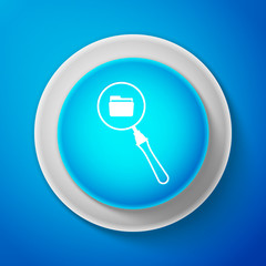 White Search concept with folder icon isolated on blue background. Magnifying glass and document. Data and information sign. Circle blue button with white line. Vector illustration