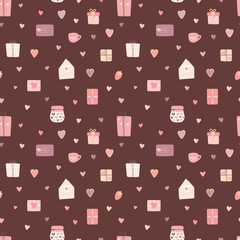 Seamless pattern of love hearts, gifts, cookies, letters on a dark background. Vector image for Valentine's Day, prints, clothes, textiles, cards, holidays, children, baby shower, wrapping paper.
