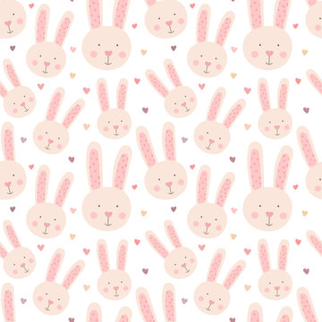 Seamless pattern of hand-drawn cute rabbits and hearts. Vector image of a hare to Valentine's Day, lovers, prints, clothes, textiles, cards, holidays, children, baby shower, wrapping paper, girl