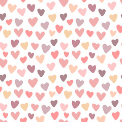 Seamless pattern of hand-drawn hearts in pink, purple and beige colors. Vector image for Valentine's Day, lovers, prints, clothes, textiles, cards, holidays, children, baby shower, wrapping paper.