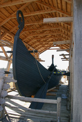 Ancient scandinavian viking drakkar view from the stern with steering oar