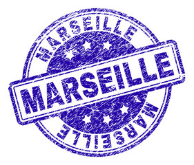 MARSEILLE stamp seal watermark with distress texture. Designed with rounded rectangles and circles. Blue vector rubber print of MARSEILLE title with corroded texture.