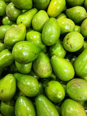 A heap of green avocados, juicy and bright, grouped on the shelf of a supermarket. Strong or fuerte variety.