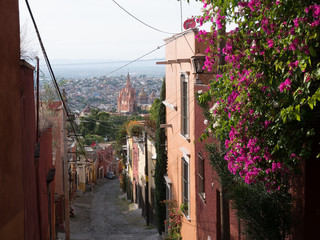 Cobblestone street through historic San Miguel de Allende, Mexico