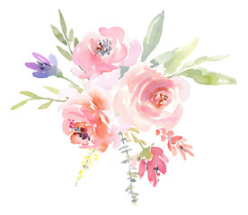 Watercolor arrangement floral bouquet, flowers roses peonies and leaves branches - 237961038
