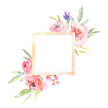 Watercolor border frame with square center, roses peonies flowers and leaves
