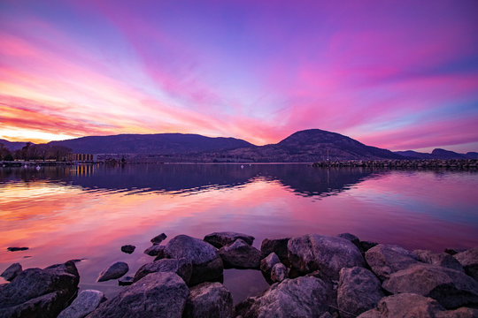 Watching From Penticton Beach As The Purple Sunsets Over The Okanagan Lake
