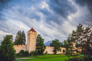 Obraz premium Old city wall and towers in Luzern, Switzerland