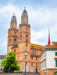 Beautiful Grossmunster church in city center of Zurich, Switzerland