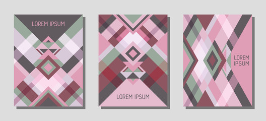 Cover page layout vector template geometric design with triangles and stripes pattern.