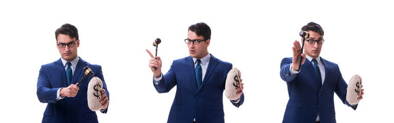 Lawyer with a gavel and a moneybag money bad isolated on white