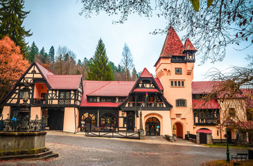 Typical houses near Peles castle in the city Sinaia, Carpathian Mountains, Romania