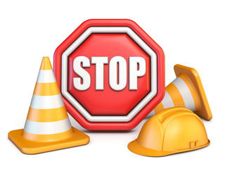 Stop sign, traffic cones and safety helmet 3D
