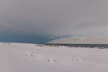 Fototapeta na wymiar snow covered fjord and mountains in winter, Iceland