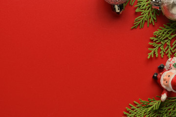 Flat lay, Top view minimal composition background of red decorative Christmas ornaments. New Year...