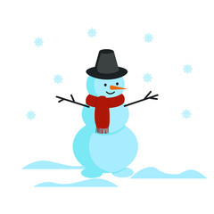 Funny snowman in a red scarf and hat, falling snowflakes, snowdrifts. Vector illustration. White background.
