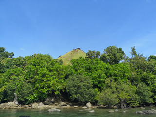 Stunning view the ocean with forest and blue sky background.