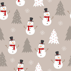 Seamless pattern with snowman, christmas trees and snowflakes.