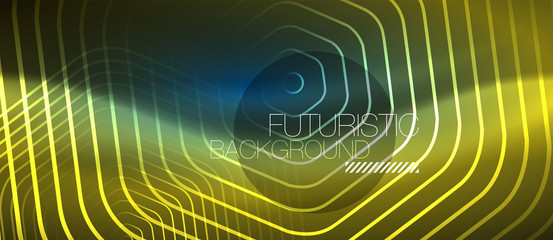 Neon glowing lines, magic energy space blue light concept, abstract background wallpaper design