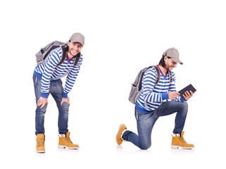 Student with backpack isolated on the white