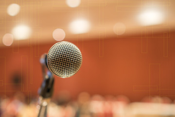 Microphones for speech or speaking in seminar Conference room, talking for lecture to audience university, Event light convention hall Background. Business Talk Presentation concept