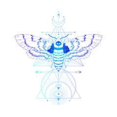 Vector illustration with hand drawn dead head moth and Sacred geometric symbol on white background. Abstract mystic sign. 