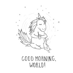 Vector illustration of hand drawn cute sitting unicorn with toy rabbit, hearts and text - GOOD MORNING, WORLD! On withe background. 