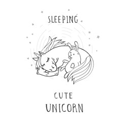 Vector illustration of hand drawn cute sleeping unicorn with toy rabbit, hearts and text - GOOD MORNING, WORLD! On withe background. Cartoon style. Monochrome.