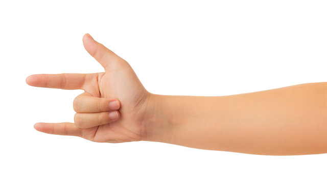 Human hand in showing one's hand in "love" sign gesture isolate on white background with clipping path, High resolution and low contrast for retouch or graphic design