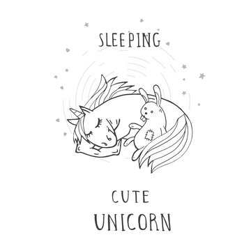 Vector illustration of hand drawn cute sleeping unicorn with toy rabbit, hearts and text - GOOD MORNING, WORLD! On withe background. Cartoon style. Monochrome.