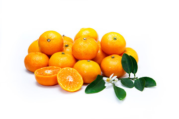 fresh oranges  with leaves on white isolated background