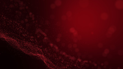 Black background, digital signature with wave white-red pink particles, sparkle, veil and space with depth of field. The particles are pink light lines.