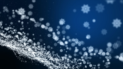 Dark blue background, digital signature with sparkling snow flake white particles, and areas with depth of field.