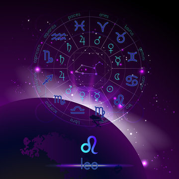 Vector illustration of sign and constellation LEO and Horoscope circle with astrology pictograms against the space background.