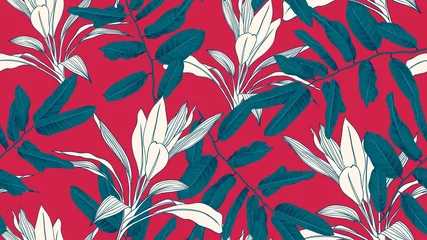 Selbstklebende Fototapeten Botanical seamless pattern, blue leaves on red background, blue and red tones © momosama