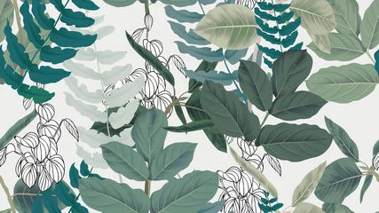 Foto op Plexiglas Botanisch naadloos patroon, groene bladeren op lichtgrijze achtergrond © momosama