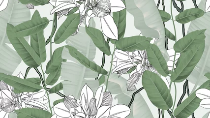 Foto op Plexiglas Botanical seamless pattern, banana leaves, vines and other leaves on light green background © momosama