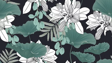 Gordijnen Botanical seamless pattern, green leaves and lotus leaves on dark blue background © momosama
