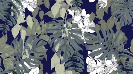 Fototapeten Botanical seamless pattern, green split-leaf Philodendron plant, Epipremnum aureum, fern and orchid on dark blue background © momosama