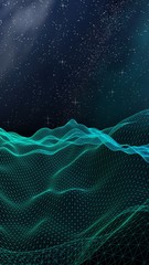 Star horizon. Abstract landscape on a dark background. Cyberspace grid. Hi-tech network. Outer space. Starry outer space texture. 3D illustration