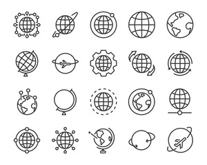 set of world map vector line icons, such as map, way, globe