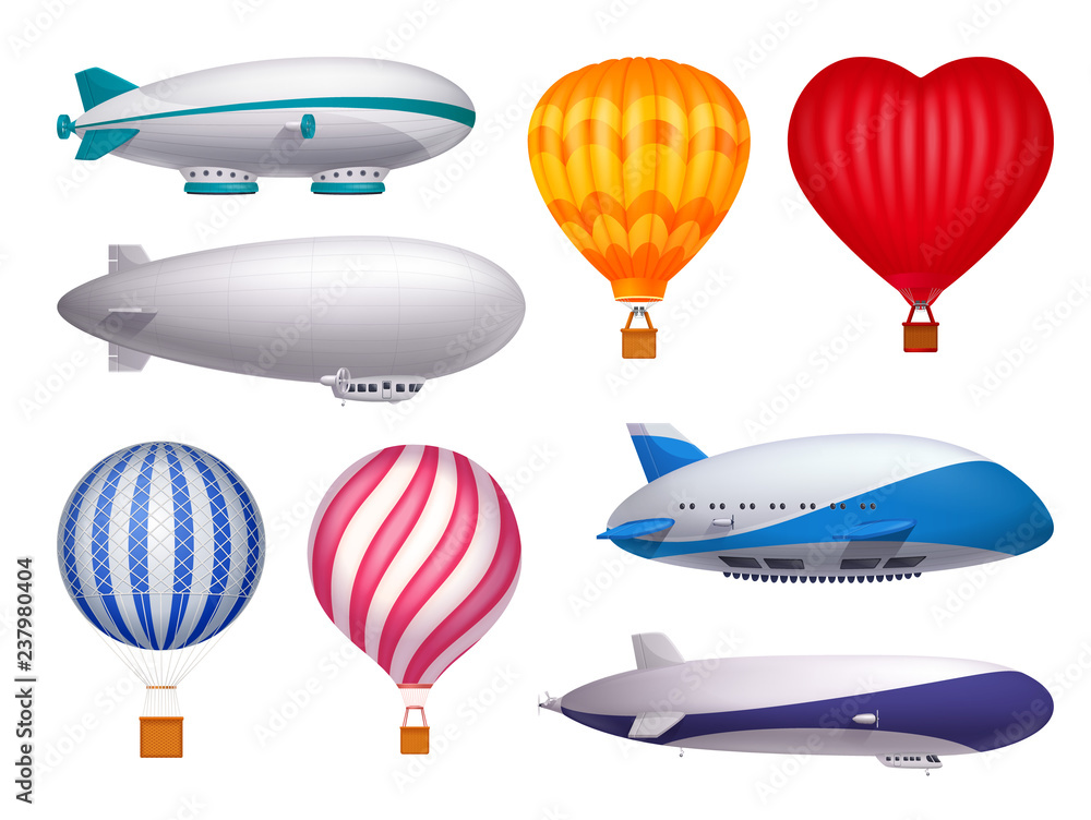 Sticker dirigible and balloons realistic set