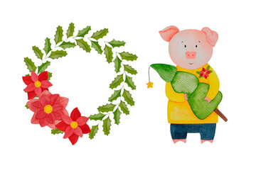  little pig in a Christmas wreath. Merry Christmas, Holiday. Watercolor illustration.