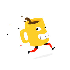 Illustration of a running yellow cup of coffee or tea. Cartoon flat style. Character cup hot drink. Hot chocolate delivery. Mascot for a company or store. Funny dishes.