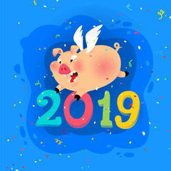 New year's illustration of a cartoon pig with the inscription 2019. The illustration is isolated on a white background. Sweet animal pig. Symbol of the Chinese New Year. Celebratory background. 